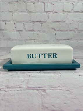 Mainstays Teal and White Ceramic Covered Butter Dish